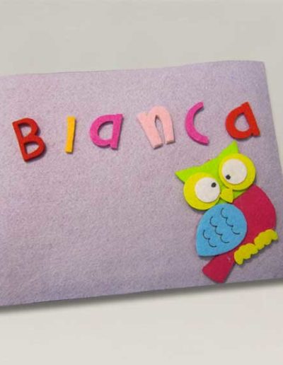 Album color lilla fotografico fatto a mano, rivestito in feltro lilla e nome Bianca