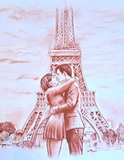 Ritratto a sanguigna di sposi a Parigi